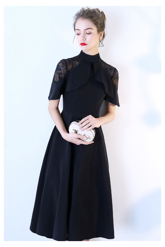 Chic Black Tea Length Aline Party Dress With Sheer Lace Shoulder - $64. ...