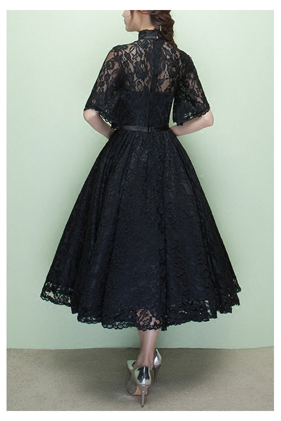 Vintage Black Lace Midi Homecoming Dress With Sleeves - $68.4792 #S1580
