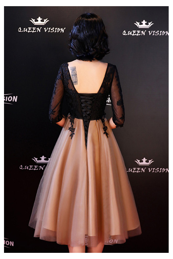 Black Champagne Lace And Tulle Hoco Dress With Lace Sleeves - $70.4808  #S1513 - SheProm.com