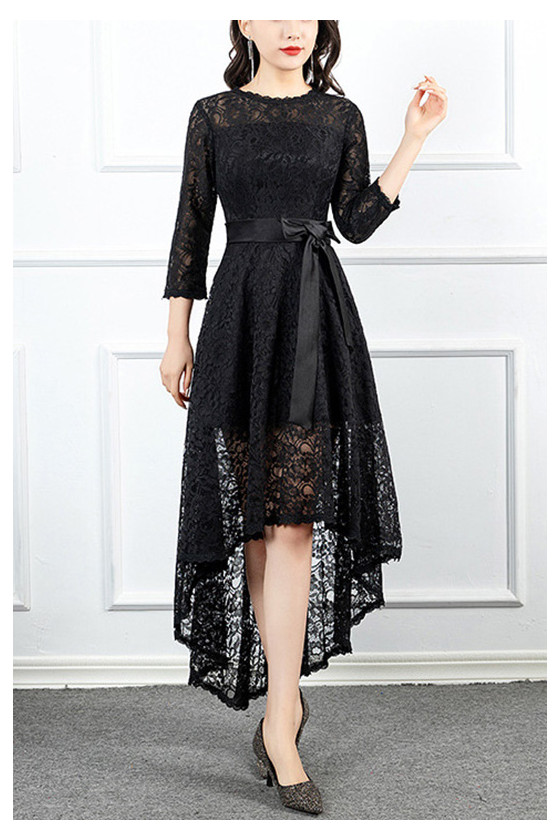 High Low Black Lace Homecoming Party Dress With Sash