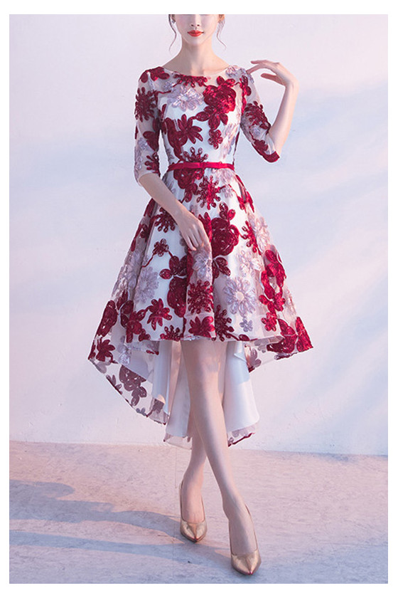 Burgundy Cute Flowers High Low Hoco Party Dress With Sleeves