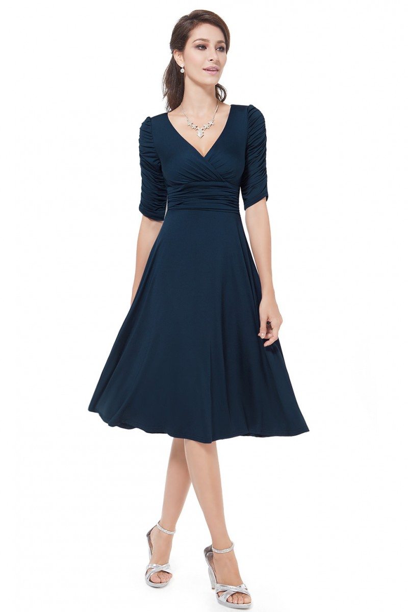 Navy Blue V-neck 3/4 Sleeve High Stretch Short Casual Dress - $34  #AS03632NB - SheProm.com
