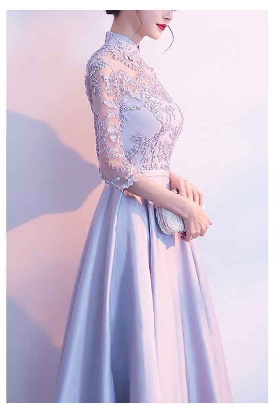 Elegant Long Grey Fall Wedding Guest Dress Attire With Sheer Sleeves ...
