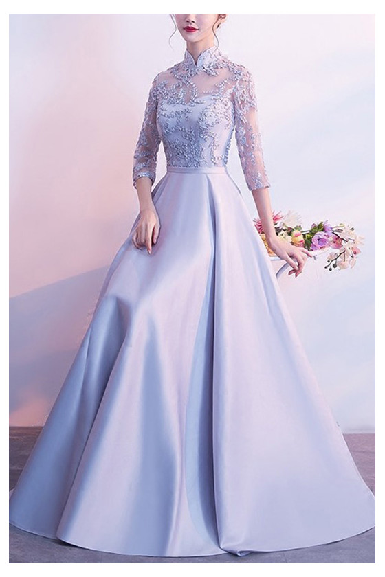 Elegant Long Grey Fall Wedding Guest Dress Attire With Sheer Sleeves -  $79.4808 #S1505 - SheProm.com