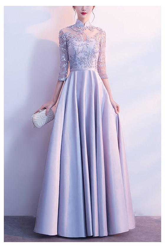 Elegant Long Grey Fall Wedding Guest Dress Attire With Sheer Sleeves ...