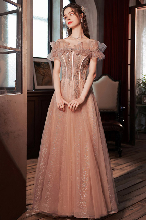 Off Shoulder Long Pink Applique Prom Dress With Flouncing Neck