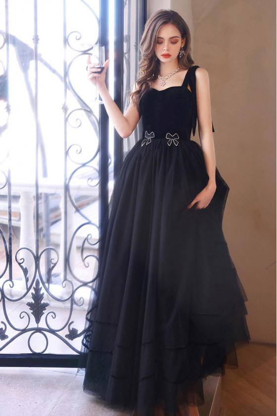 A Line Black Long Straps Party Formal Dress With Beading Bows