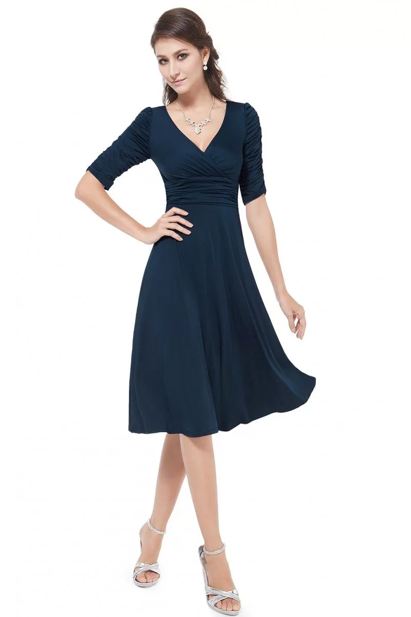 Navy Blue V-neck 3/4 Sleeve High Stretch Short Casual Dress - $34 # ...