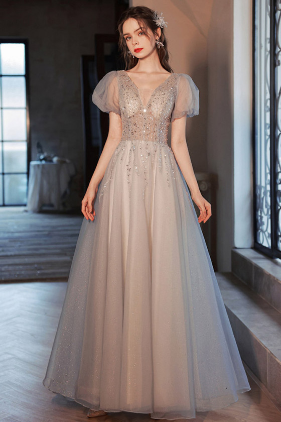 Beautiful Bubble Sleeves Grey Long Tulle Prom Dress With Beading