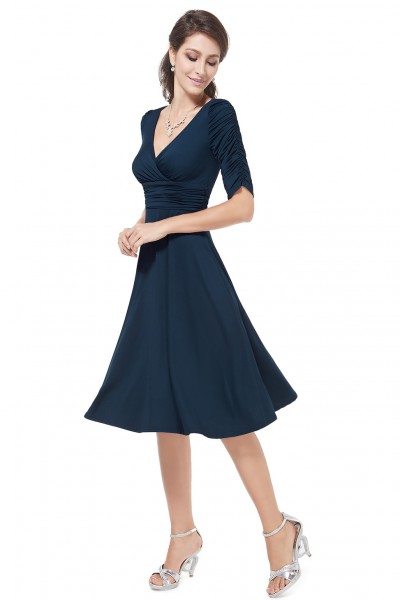 Navy Blue V-neck 3/4 Sleeve High Stretch Short Casual Dress - $31.96 # ...