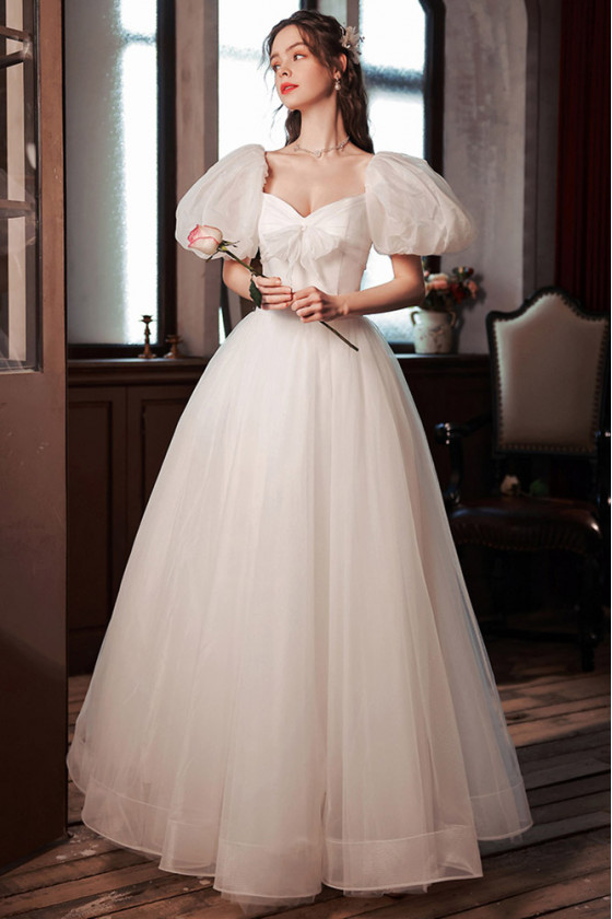 Beautiful Bubble Sleeves Simple Tulle White Wedding Party Dress Long With Bow