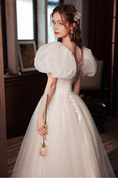 Beautiful Bubble Sleeves Simple Tulle White Wedding Party Dress Long ...