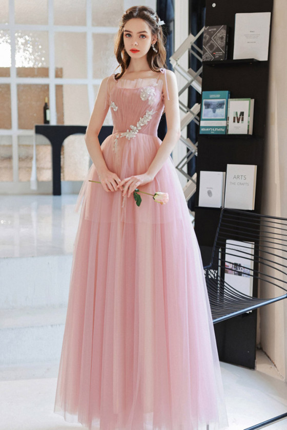 Beautiful Long Pink Tulle Ruffle Neck Prom Dress With Floral Applique