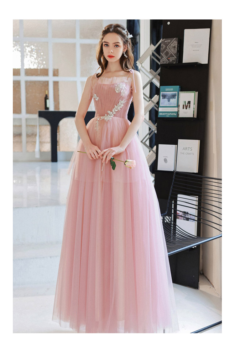 Women's unique elegant evening gown with long tulle skirt with ruffle cloud  hem in pink
