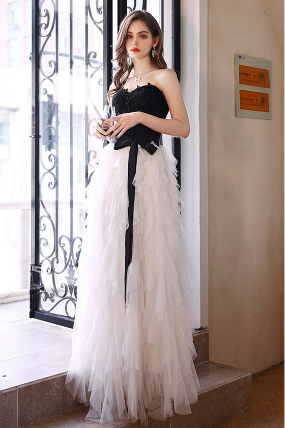 Black And White Long Tulle Party Dress Strapless With Sash