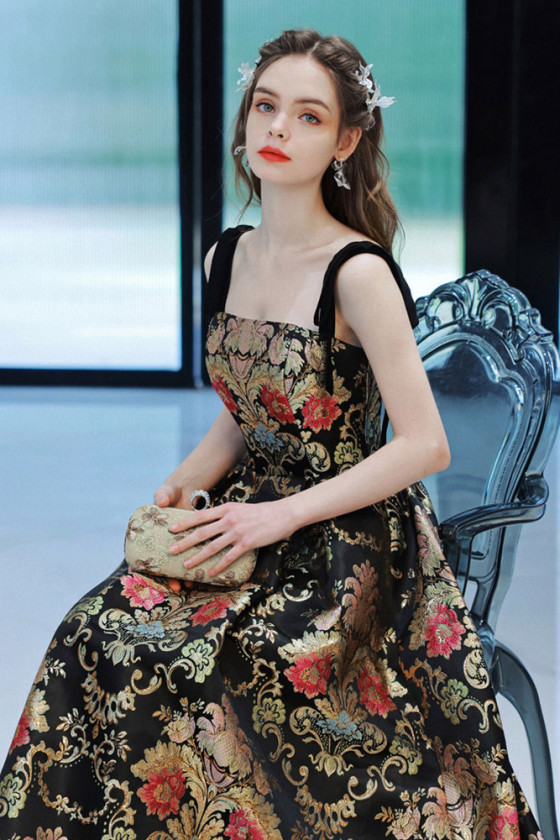 Black Long Printed Floral Satin Simple Party Dress With Straps - $162.0905 #S21020 - SheProm.com Black Long Printed Floral Satin Simple Party Dress With Straps - $162.0905 #S21020 - SheProm.com