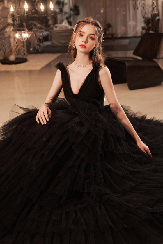 Black Long Tulle V Neck Prom Party Dress With Multi Layers