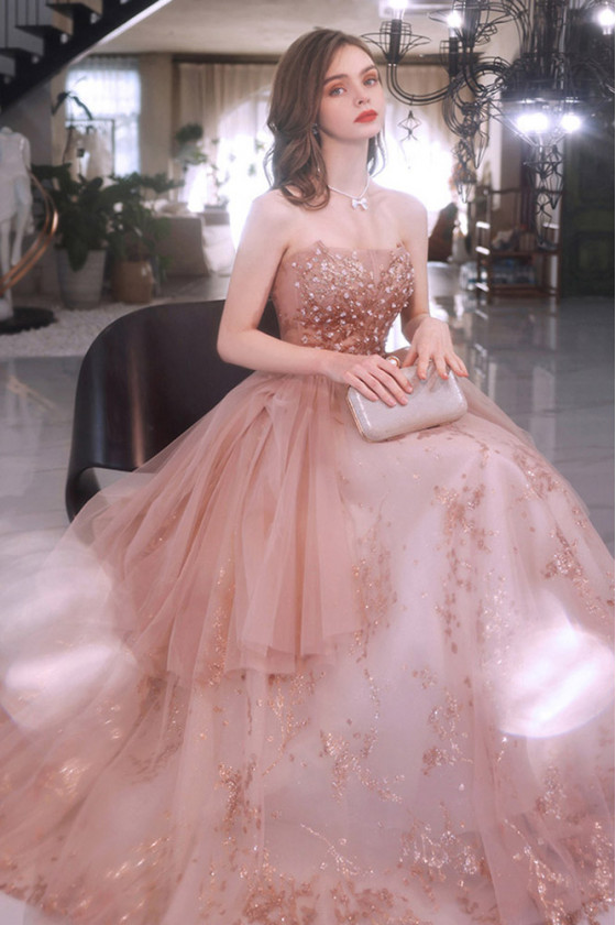 Pink Gorgeous A Line Strapless Tulle Sequin Beaded Without Sleeves Long Prom Dress, Evening Dress