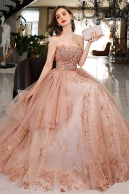Strapless Pink Tulle Beaded...