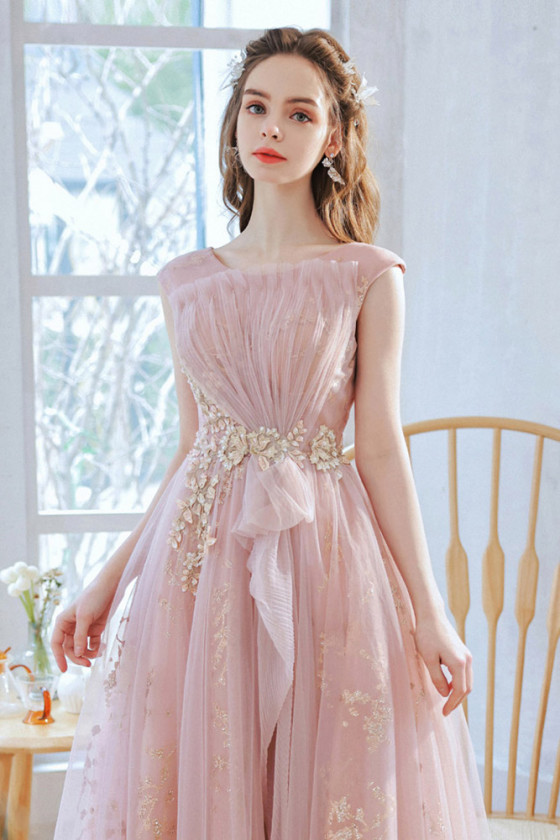 cute tumblr prom dresses Pleated Tulle Cute Pink Ling Prom Dress With Sequin Applique - $165.3925  #S21022