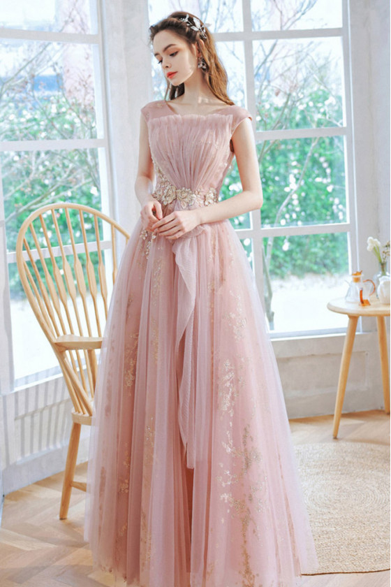 Pleated Tulle Cute Pink Ling Prom Dress With Sequin Applique
