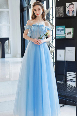 Blue Long Tulle Bow Prom...