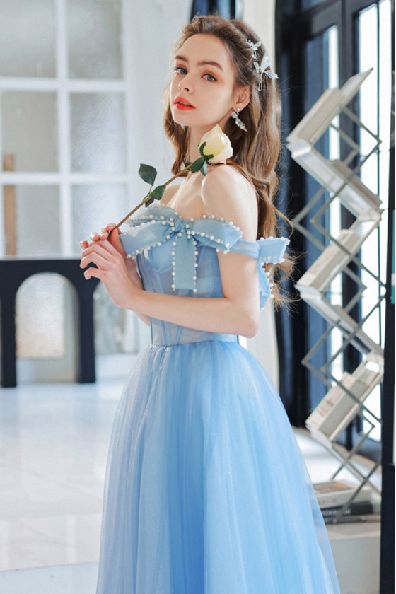 blue dress with bow on shoulder Alfred Sung Women's One-Shoulder A-Line Gown - Blue