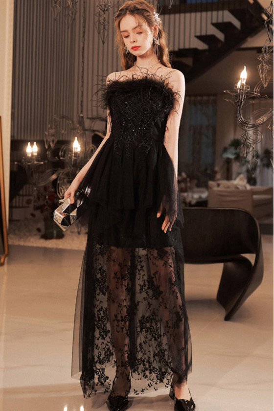 Strapless Black Long Lace Beading Party Dress With Feather Neckline