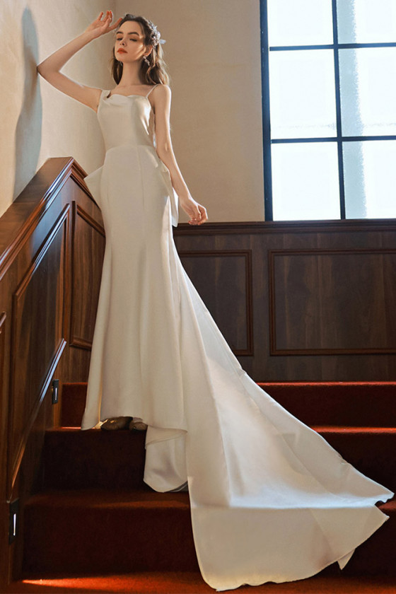 Simple Long White Formal Wedding Dress With Big Bow Back