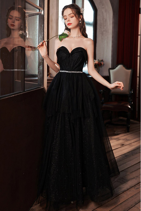 Simple Strapless Black Long Tulle Prom Dress With Sweetheart Neck