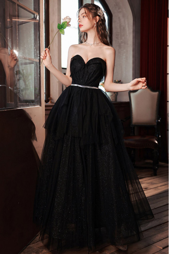 Simple Strapless Black Long Tulle Prom Dress With Sweetheart Neck ...