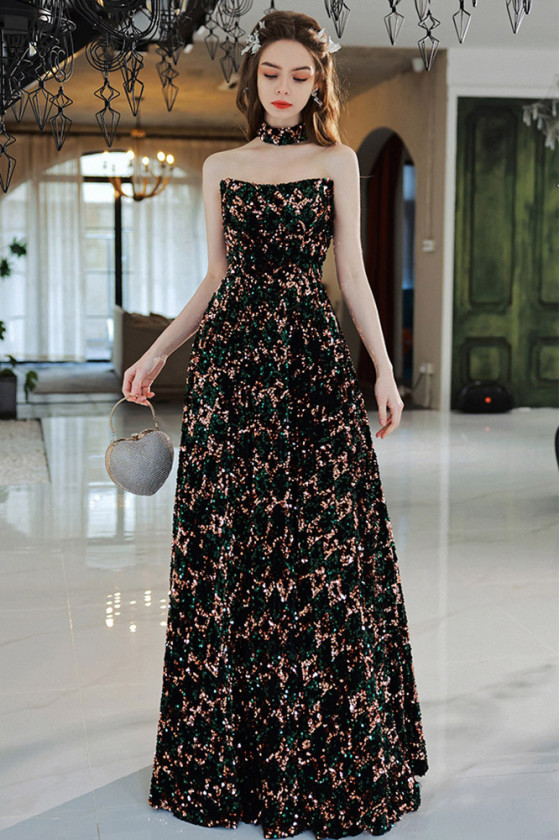 Sparkly All Sequin Strapless Black Long Prom Dress