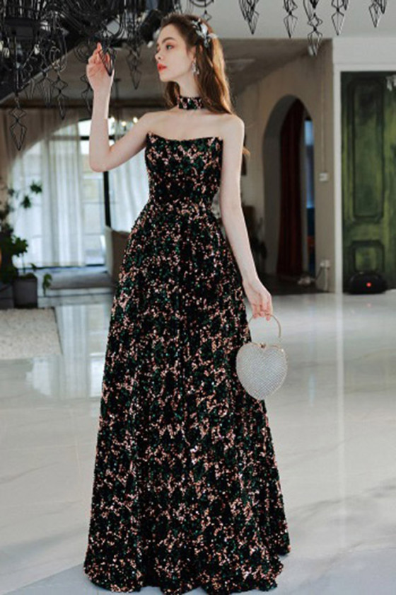 Sparkly All Sequin Strapless Black Long Prom Dress - $151.19 #S21014 -  SheProm.com