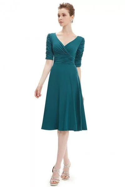 Teal V-neck 3/4 Sleeve High Stretch Short Casual Dress - $31.96 # ...