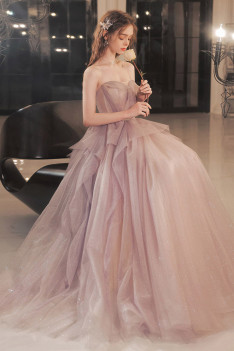 Shiny Strapless Purple Long Tulle Ruffle Prom Dress - $139.9905 #S21028 