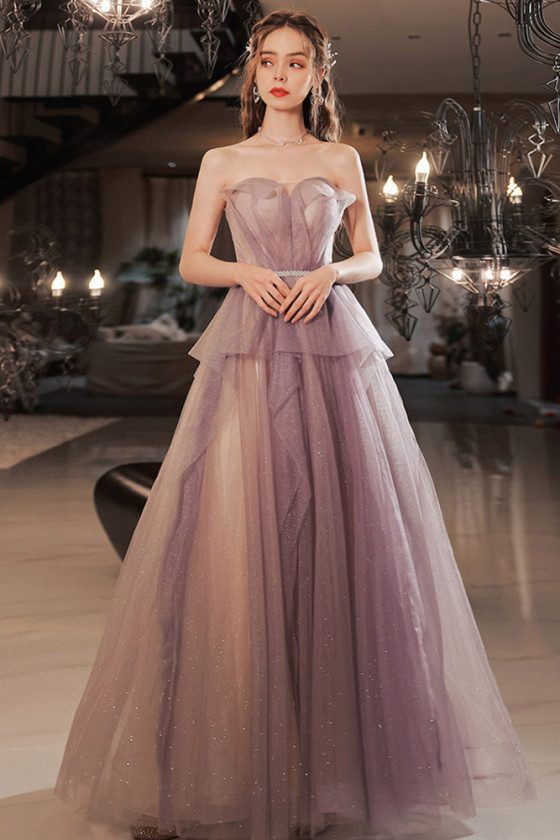 Shiny Strapless Purple Long Tulle Ruffle Prom Dress