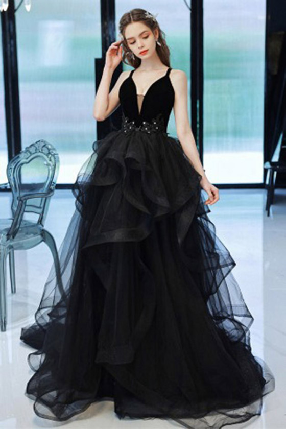 Sexy V Neck Black Long Ruffle Tulle Formal Prom Dress With Train