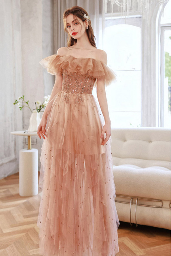 Gorgeous Ruffle Skirt Champagne Beading Prom Dress With Off Shoulder Sleeves