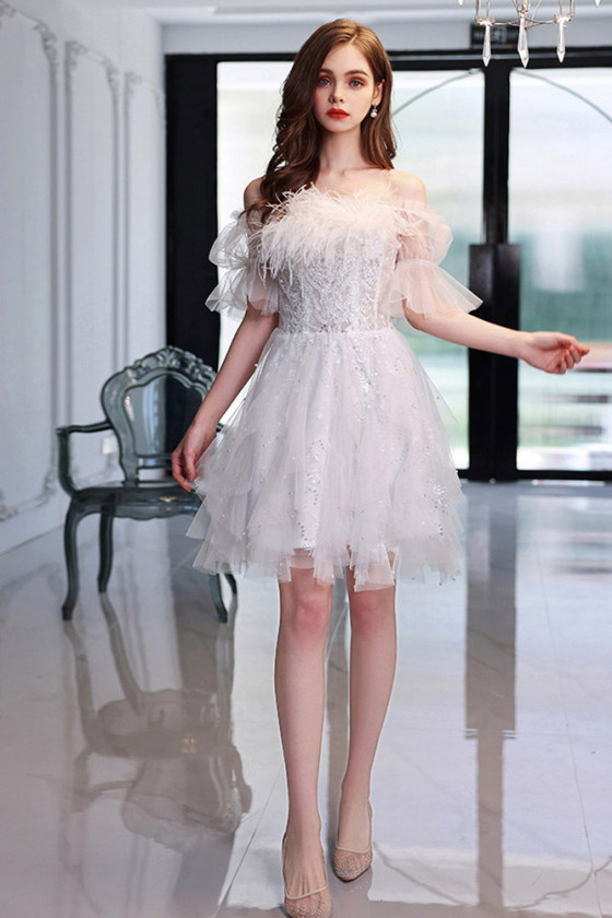 Sequin Short Sleeve White Homecoming Dress With Off Shoulder Fluffy Feather Neck