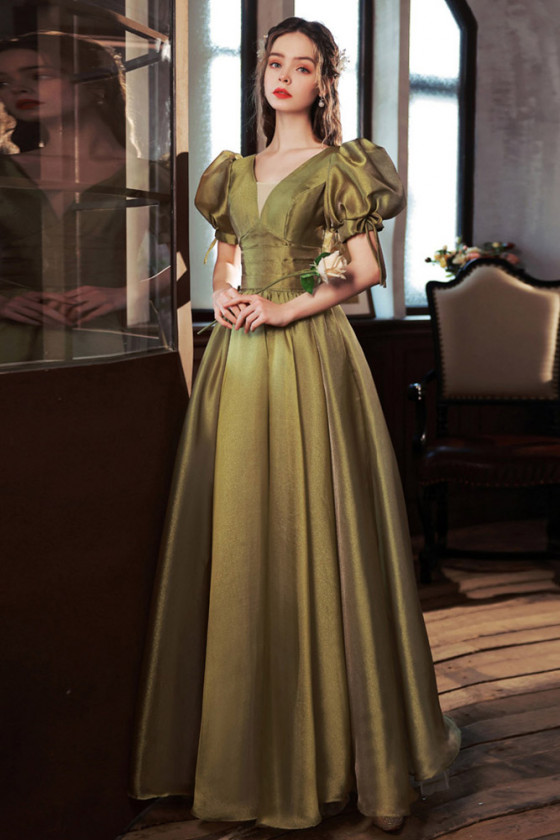 Bubble Sleeves Simple Green Long V Neck Prom Dress With Empire Waistline - $143.2925 #S21043 - SheProm.com Bubble Sleeves Simple Green Long V Neck Prom Dress With Empire Waistline - $143.2925 #S21043 - SheProm.com