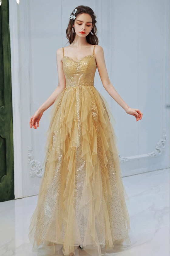 Shiny Gold Sequin Ruffle Prom Party Dress With Sweetheart Beading Straps