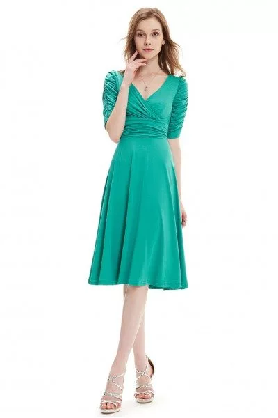 Turquoise V-neck 3/4 Sleeve High Stretch Short Casual Dress - $34 # ...