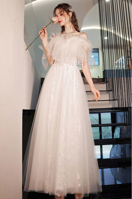 Off Shoulder Sweety Feather Long White Lace Tulle Wedding Party Dress