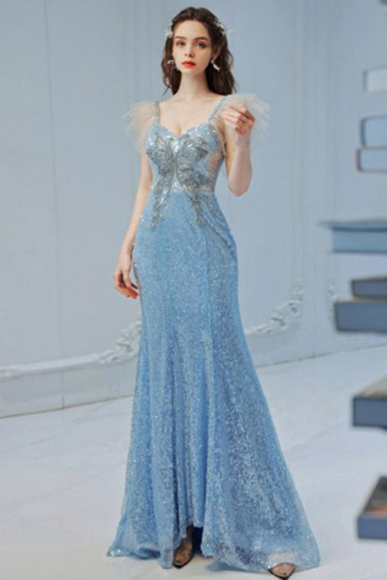 Fitted Mermaid Sky Blue Sequin Prom Dress With Tulle Ruffle Straps