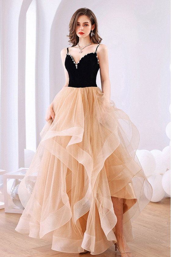 Gold And Black Shiny Tulle Spaghetti Prom Dress With Beaded V Neck