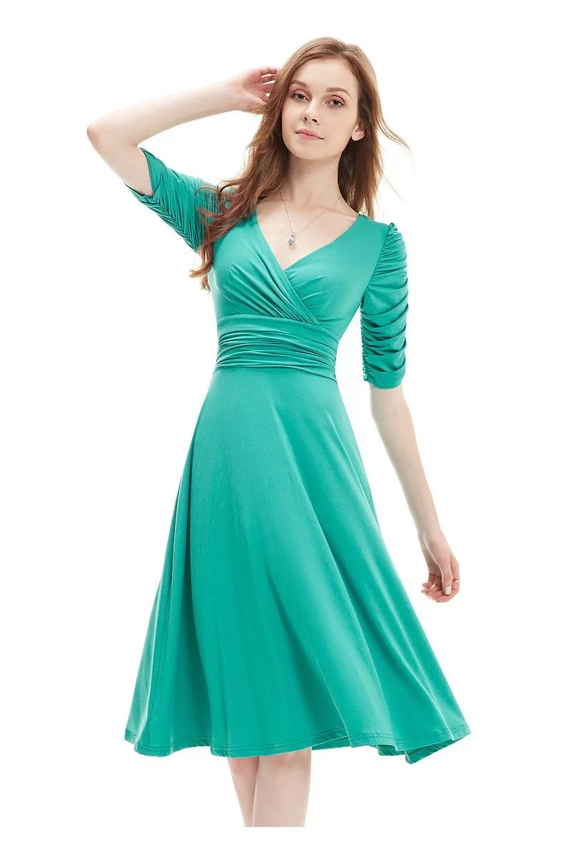 Turquoise V-neck 3/4 Sleeve High Stretch Short Casual Dress - $31.96 # ...