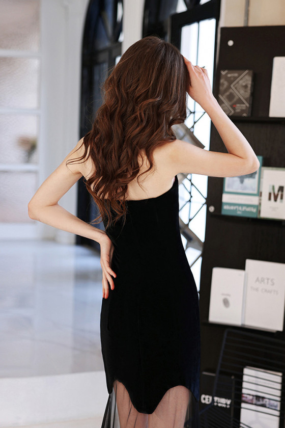 Strapless Simple Black Long Party Dress With See Through Skirt - $127.2895  #S21046 - SheProm.com