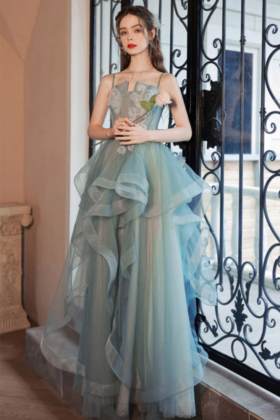 Spaghetti Straps Ruffle Long Green Tulle Prom Dress With Applique ...