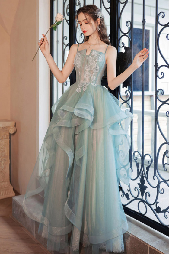 Spaghetti Straps Ruffle Long Green Tulle Prom Dress With Applique