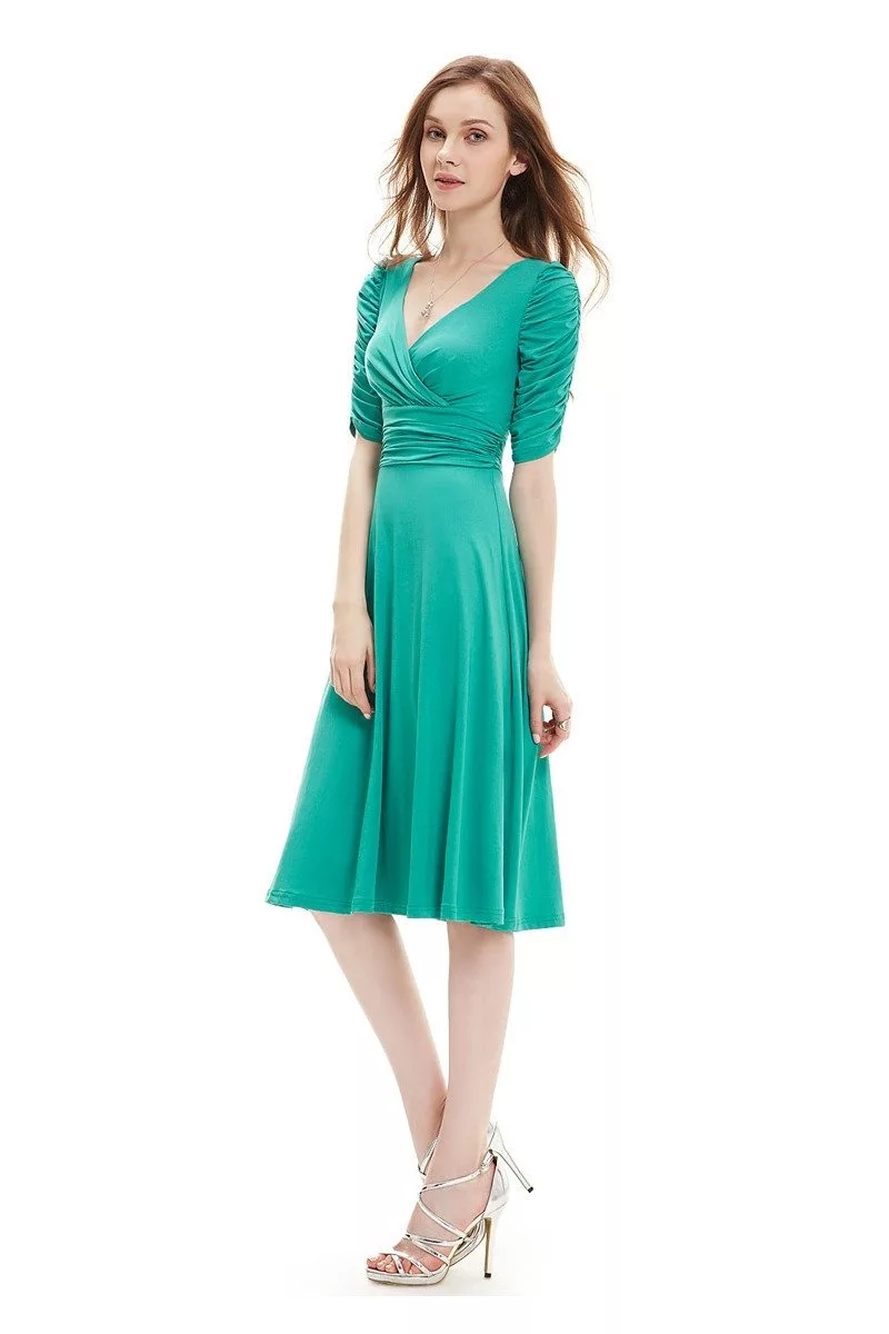 Turquoise V-neck 3/4 Sleeve High Stretch Short Casual Dress - $34 # ...